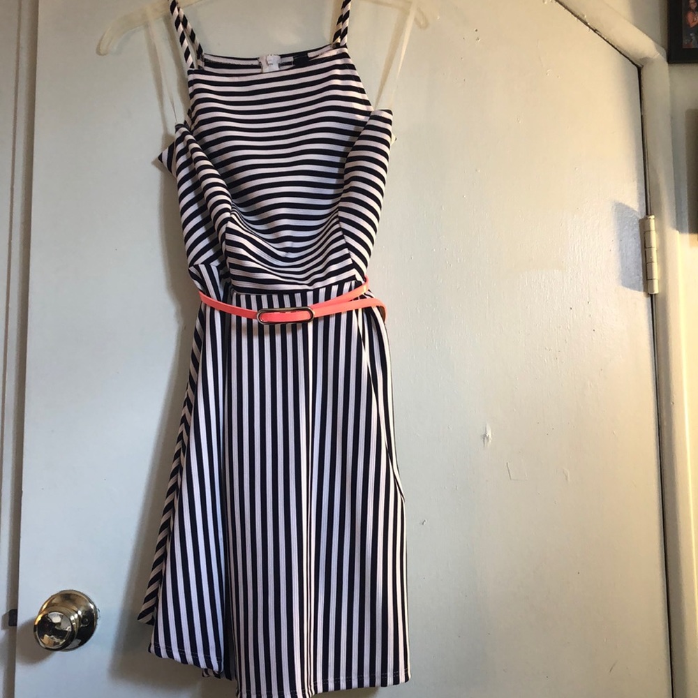 Windsor Navy and White Skater Dress w/ neon belt
